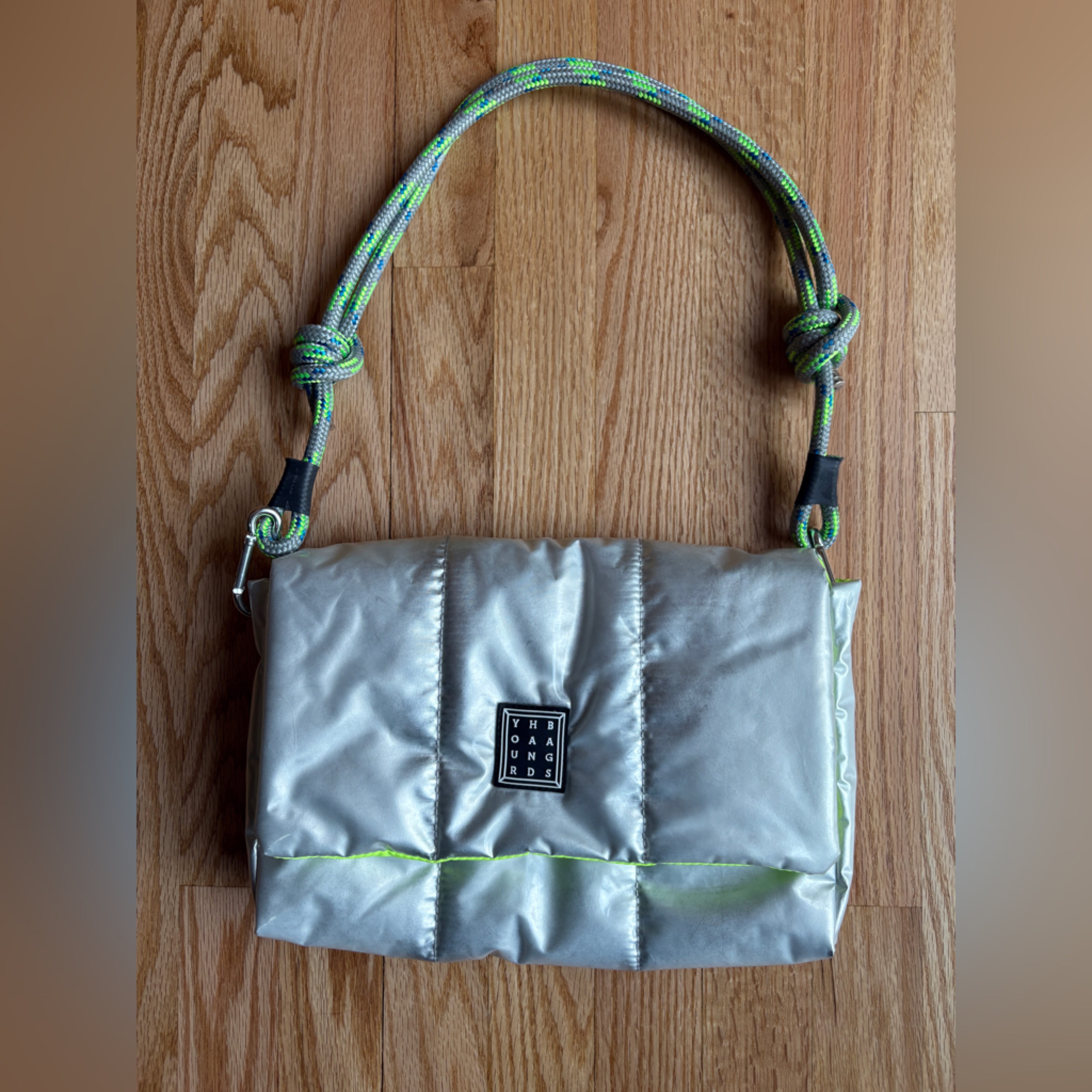 Silver Puffer Bag With Rope Strap